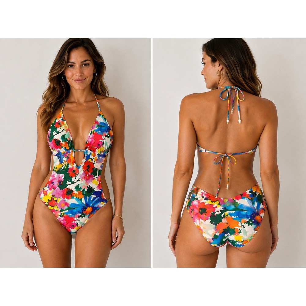Polo Ralph Lauren Swimsuit M Watercolor Floral Cutout One Piece Halter Monokini
